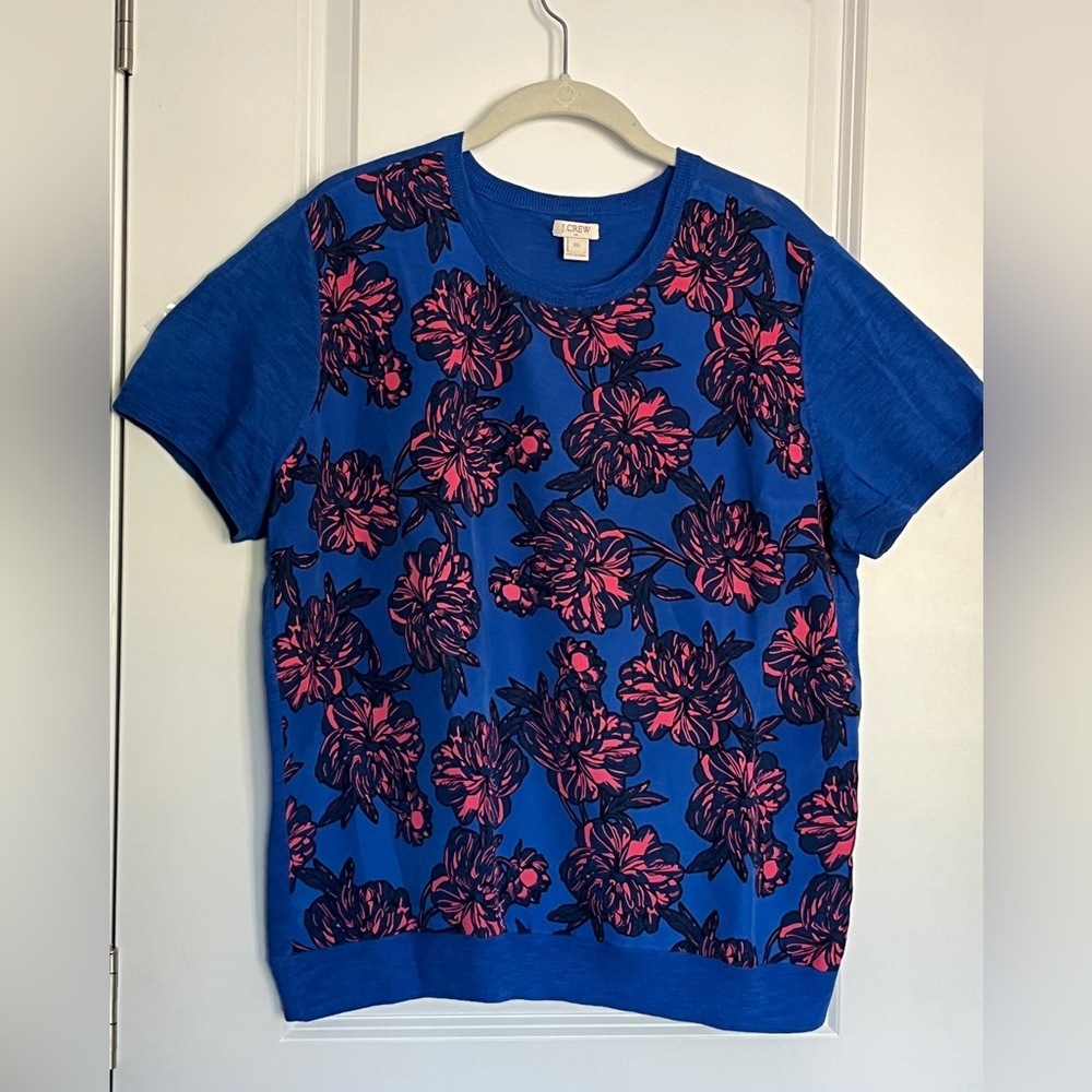 J. Crew Mixed Media Blue and Pink Floral Short Sleeve Tee